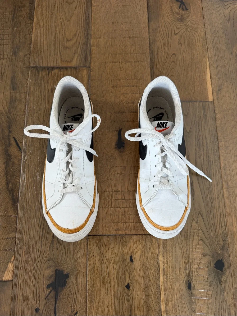Nike Court Legacy White Black Gold Canvas Trim Sneakers Youth 7Y/Womens 8.5